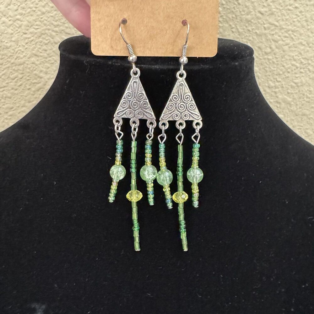 Green Beaded Dangle Drop Earrings Silver Tone Triangle Boho Womens Jewelry